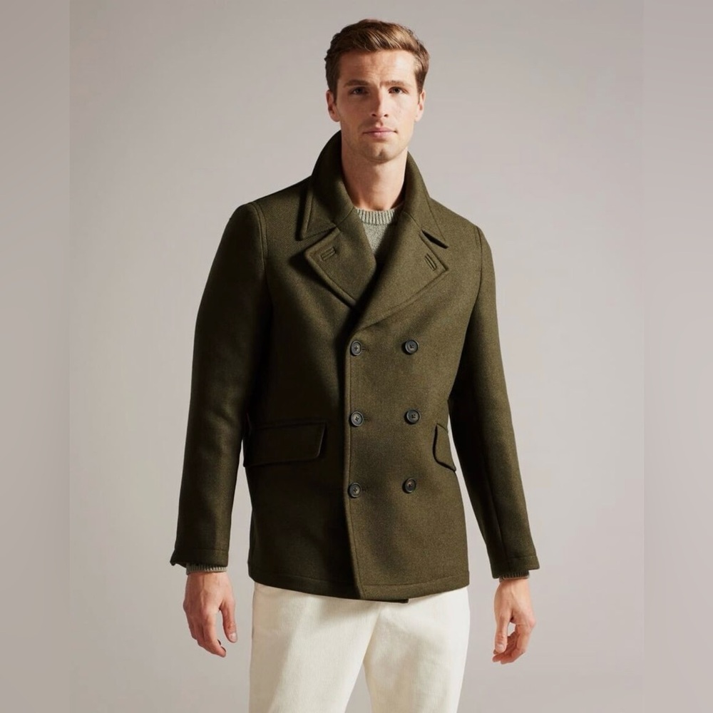 Ted Baker Charco Olive Green Short Wool Peacoat Size 3 Medium NWT $495